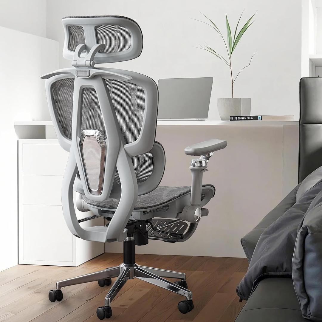 Mesh Ergonomic Office Chair with 6D Armrests,High Back Mesh Gaming Chair with Lumbar Support,Adjustable Seat Depth,3D Headrest,Footrest for Big & Tall (Elegant Silver)