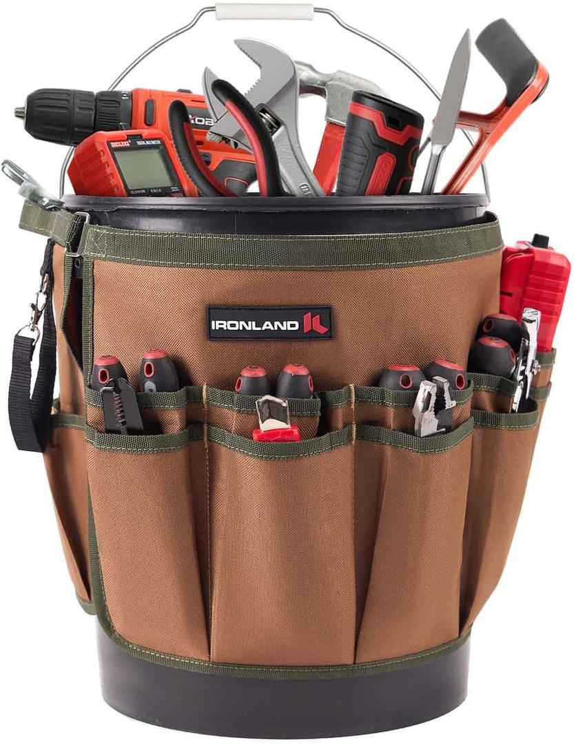 IRONLAND Bucket Tool Organizer Fit 5 Gallon Bucket, 14 Pockets, Bucket Tool Caddy Organization for Garden, Construction, Carpenter, Electrician, Builder Brown