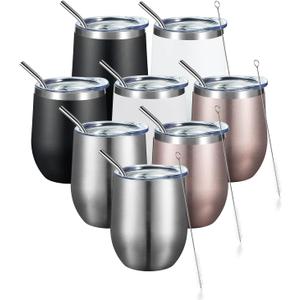 COMOOO Stainless Steel Wine Tumbler with Lid and Straw 12oz Double Wall Vacuum Insulated Travel Tumbler Cup for Coffee, Wine, Cocktails, Champagne (Black White Silver and Rose Gold,8 Pack)