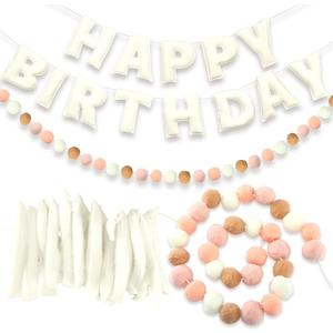 Mindsoft 2 Pcs 118 Inch Pre Strung Happy Birthday Felt Banner with Ball Garland Reusable Natural Handmade Letters & Balls for Birthday Sign Decorations Party Decor Photo Prop(Bohemia Color)
