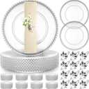 Bokon 50 Set Clear Charger Plates Bulk 13 Inch Beaded Plastic Charger Plates with Napkin Rings Acrylic Round Dinner Table Decorative Plates for Party Wedding Thanksgiving(Clear and Silver), Large