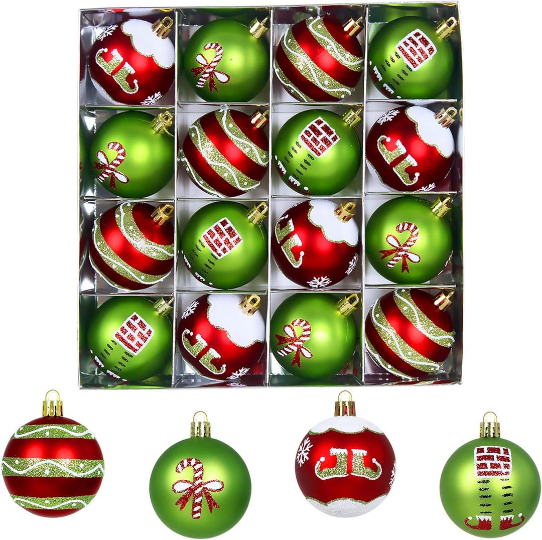 Fanfantoey Christmas Balls Ornaments Set, 16Pcs 2.4 Inch Christmas Tree Ornaments, Red Green White Shatterproof Christmas Tree Balls for Xmas Decorations