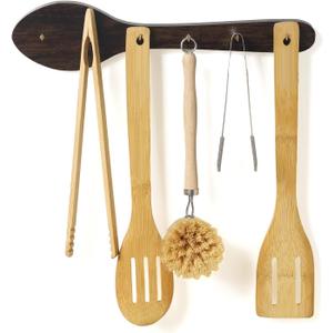 Remerry Kitchen Utensil Hanger Wood Hooks for Hanging Cooking Utensils Wooden Utensil Hanger Rustic Spoon Shape Hanging Cooking Utensils Organizer Rack Kitchen Wall Decor for Family with 6 Hooks