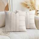 AELS 18x18 Decorative Farmhouse Linen Throw Pillow Covers, Boho Textured Pillow Case, Set of 2, Beige with White & Gray Stripe Patchwork Cushion Cover for Sofa Couch Living Room (Cover ONLY)