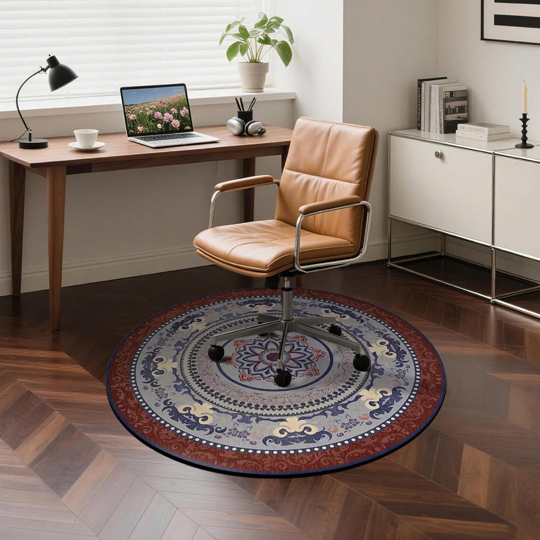 Washable Round Area Rug, 3ft Ultra-Thin Non-Slip Floor Mat, Vintage Boho Carpet for Living Room Bedroom Dining Room Office Hallway Entryway