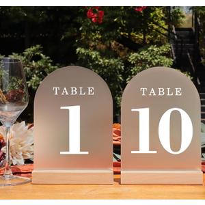 ORGANTEAM Wedding Table Numbers 110, Acrylic Arch Signs with Natural Wood Stands Holders, Rustic Table Decor for Reception & Parties (Frosted White)