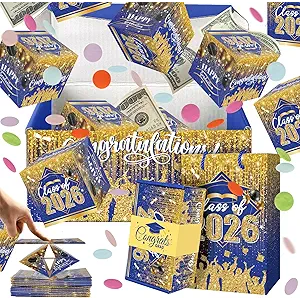 Sereliy Graduation Exploding Money Gift Boxes for Cash, 12 Pack Pop Up Surprise Money Box with Confetti, Blue Gold Graduation Explosion Gift Box for Cash Giving Class of 2026