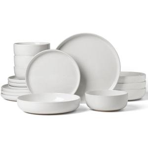 Famiware Milkyway Stoneware Dinnerware Sets with Pasta Bowls, Service for 4 (16 Pieces), Plates and Bowls Sets -Scratch Resistant, Microwave and Dishwasher Safe Dishes Set, White