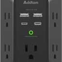 Surge Protector Outlet Extender, Addtam Multi Plug Wall Outlet with 4 USB Ports(2 USB-C), 3-Sided 1800J Power Strip Plug Extension Outlet Splitter, Black
