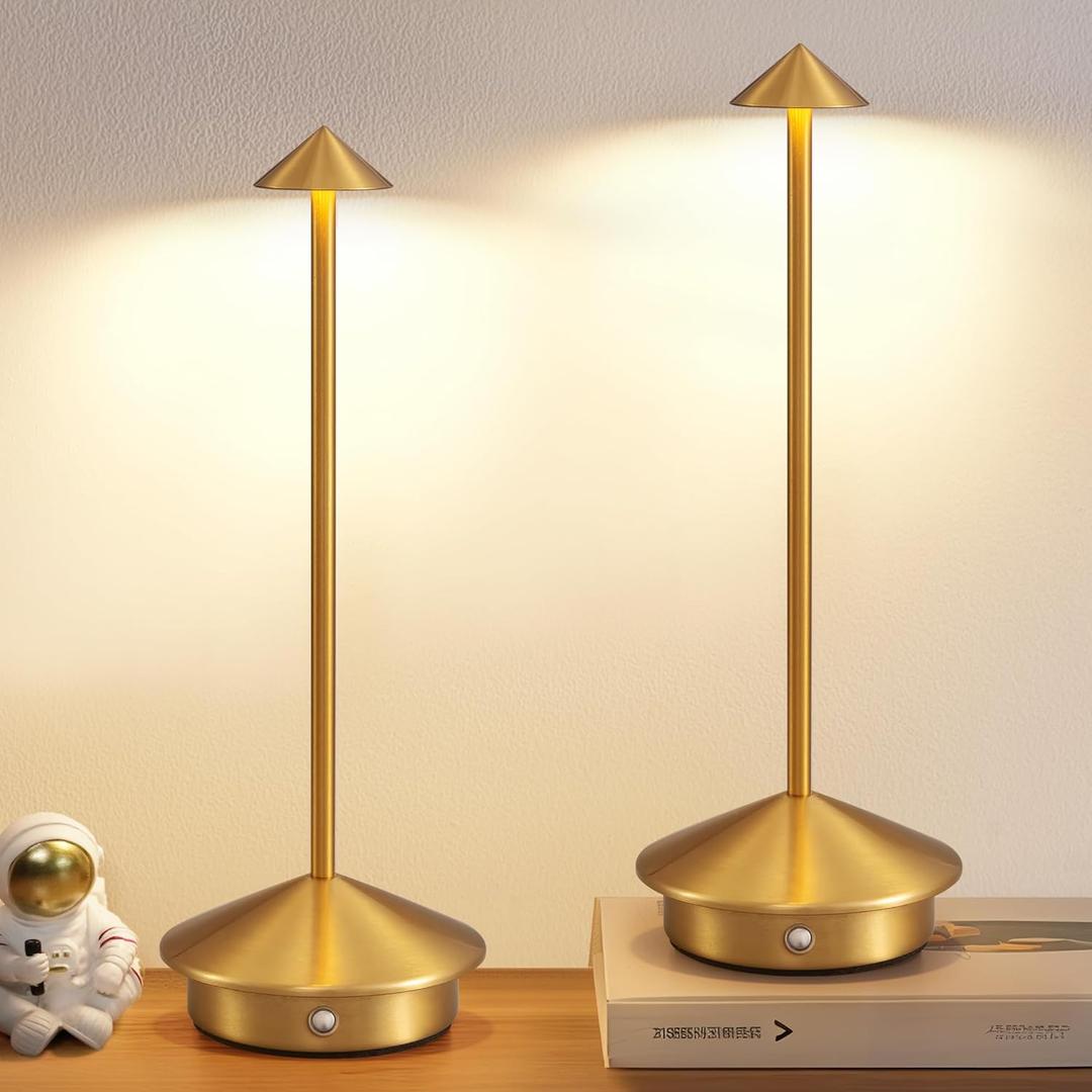 Modern Cordless Table Lamp Set of 2, Portable LED Desk Lamps, 5000mAh Rechargeable Battery Operated Lighting for Bedroom Dining Room Restaurant Coffee Shop Camping Night Light (Gold)