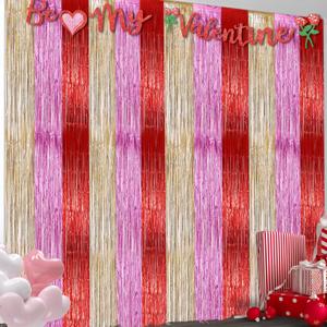 5 x 2 Pack 3.2ft x 9.8ft Valentine's Day Metallic Foil Fringe Curtain, Red Purple Rose Gold Tinsel Curtains Streamers Party Photo Booth Props Backdrop for Anniversary, Engagement, Romantic Love Decoration