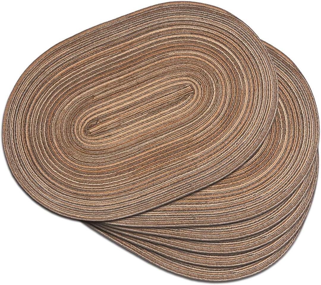 Noctiflorous Oval Braided Placemats Set of 6 Woven 12x17.5 Inch Non Slip Washable Heat Resistant Place Mats Round Tablemats for Dining Kitchen Party Daily Table Decor Dinner Mats (Brown, 6)