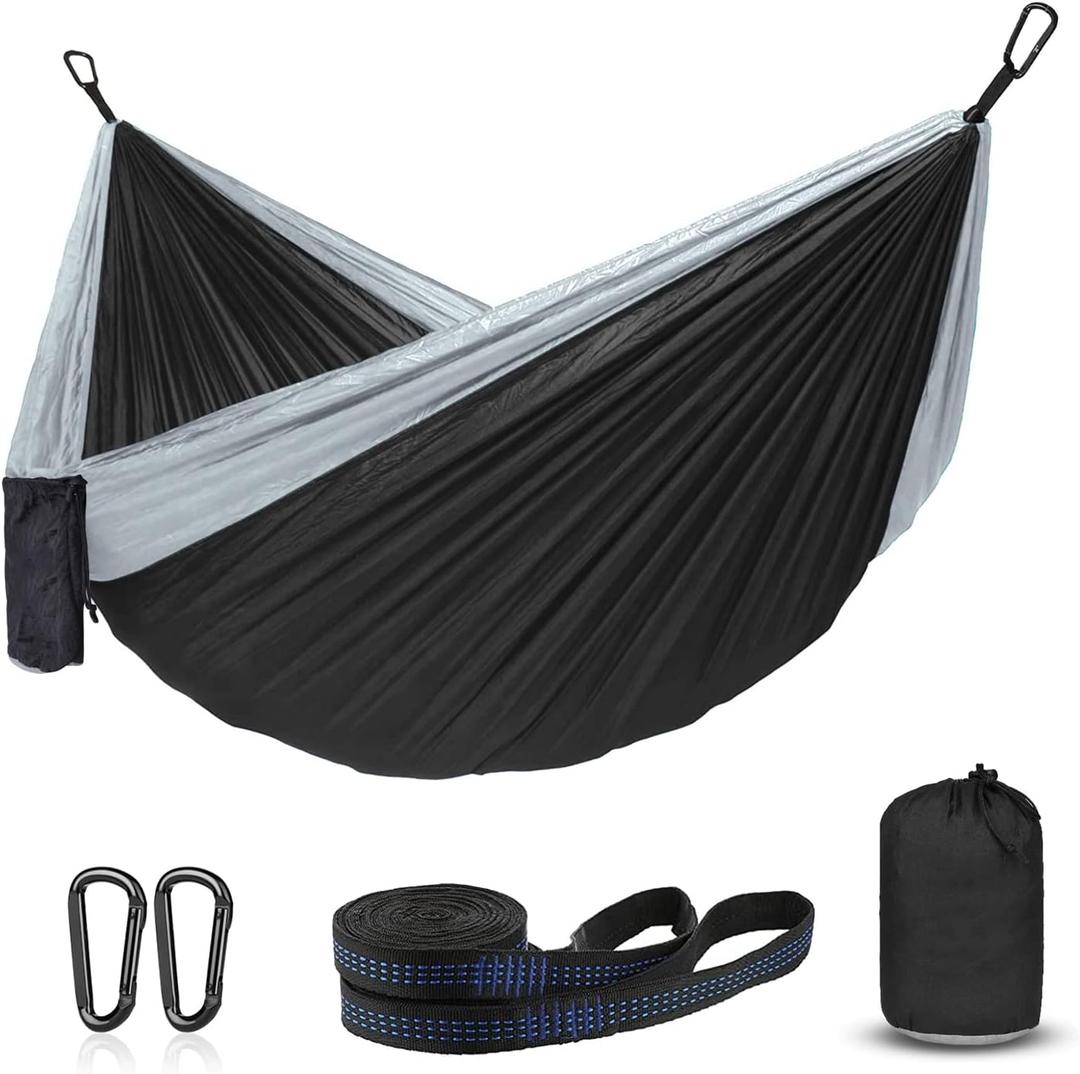 Hammock Camping, Portable Single/Double Hammocks for Outdoor Hiking Travel Backpacking - 210D Nylon Hammock Swing for Backyard & Garden (Black/Gray)