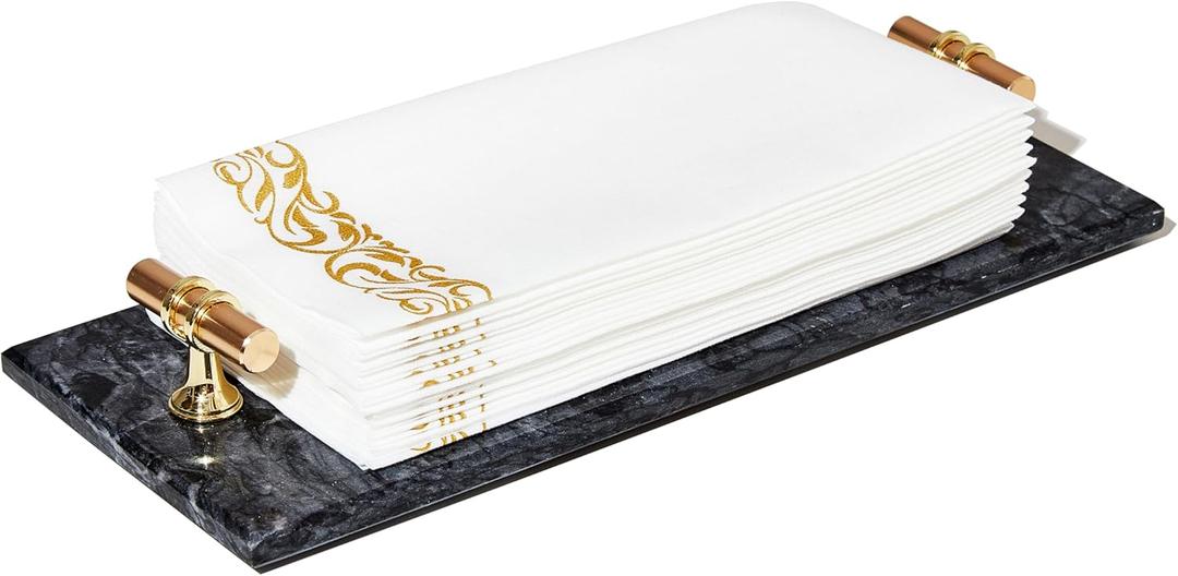 Denique Guest Towel Holder for Bathroom - 12" Marble Tray, Paper Napkin and Hand Towel Organizer, Countertop Vanity Decorative Tray with Gold Handles (Gray)