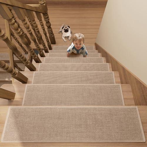 Stair Treads Carpet for Wooden Steps with Non Slip Rubber Backing, 100% Polyester Soft Stairs Resistant Indoor Skid Runner Safety Rugs for Kids Elders and Pets (4, Camel, 30" * 8")