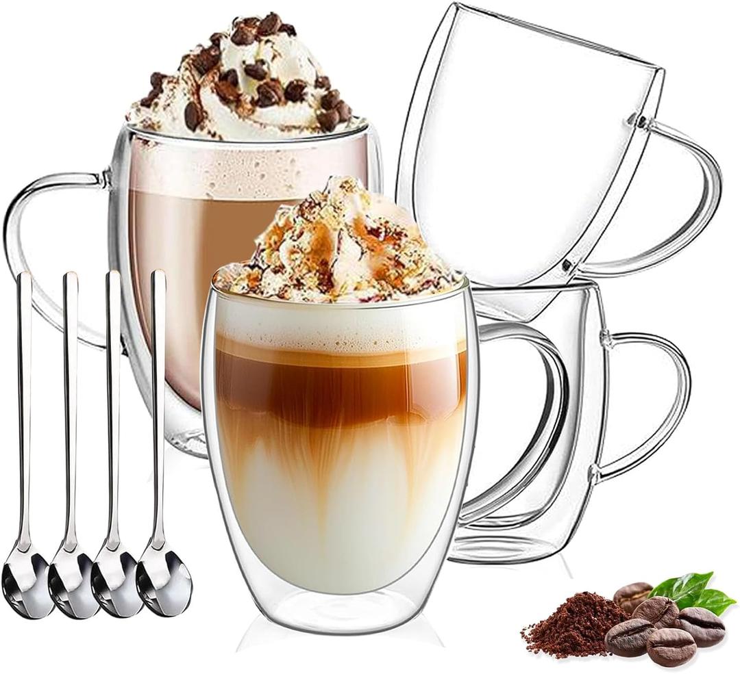 DINGPAl 4 Pack Double Wall Glass Coffee Mugs, 12 oz Walled Insulated Cappuccino Mug Heat Resistant Borosilicate Glass Coffee Cups with Handle and Spoon for Latte, Espresso, Americano, Hot/Cold Drink