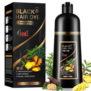 4 in 1 Black Hair Dye Shampoo for Gray Hair, Semi-Permanent Instant Hair Color Shampoo for Women and Men, Herbal Ingredients Hair Care, 100% Grey Coverage 500ml