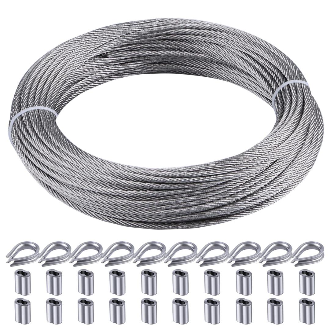RECTOO 1/16 Stainless Steel Cable 100ft, Marine Grade 316 7x7 Rope Kit, Includes 10 M2 Thimbles and 20 M2 Sleeves for String Light Hanging, Picture Wire and Garden Trellis