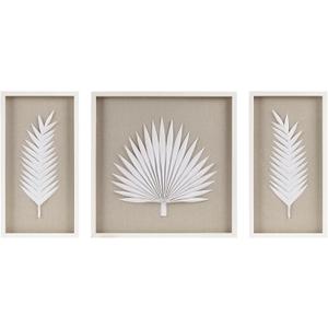Madison Park Sabal Floral Wall Art - Handmade Canvas Palm Natural Rice Paper Shadow -Box Set, Glass, Wood Frame, Linen Base, Botanical Modern Room Decor for Hallway, Bedroom Accent, Off White 3 Piece