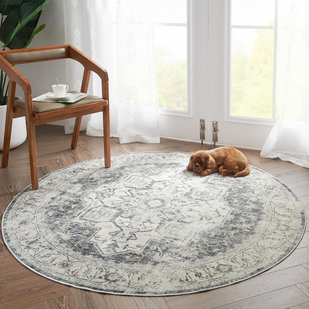 jinchan Round Rug 5ft Washable Area Rug Indoor Vintage Floor Cover Distressed Circle Mat 5' Round Lightweight Non Slip Low Pile Thin Carpet for Entryway Kitchen Living Room Bedroom Grey