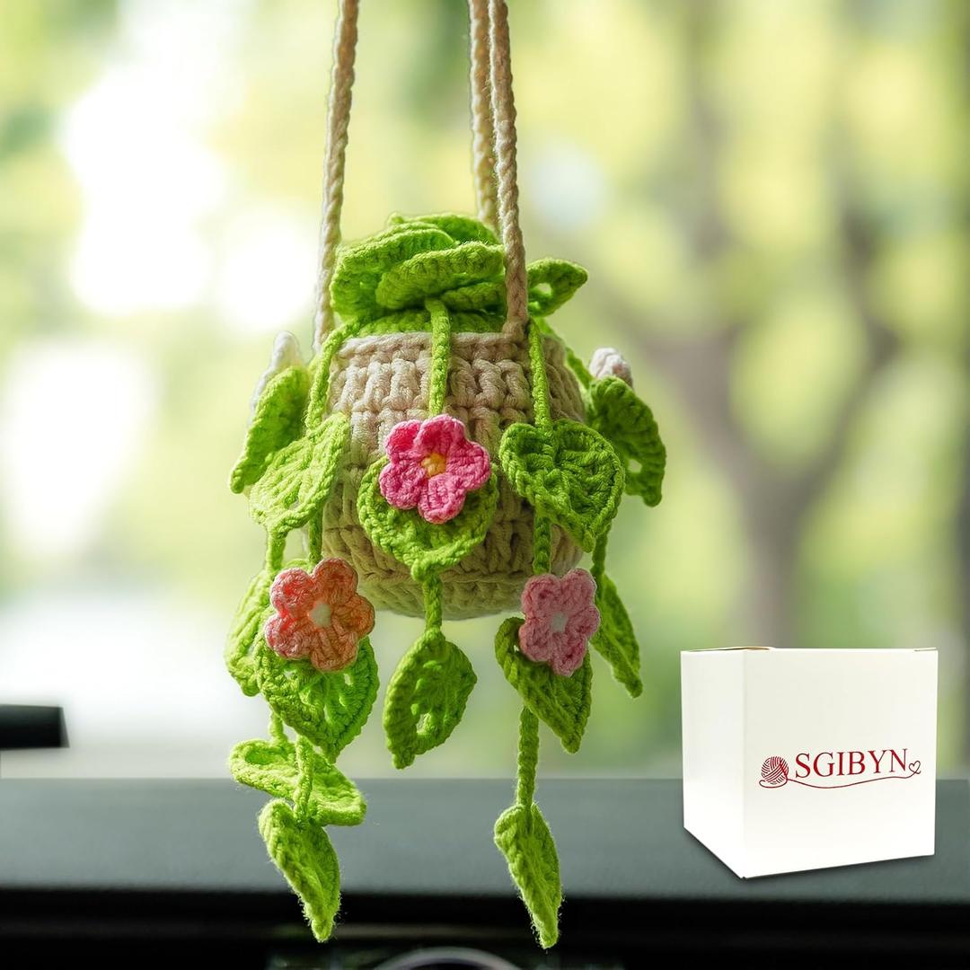 Crochet Hanging Plant for Car,Car Decorations Interior,Plant Strawberry Aesthetic Car Accessories for Women Interior Cute,Car Ornaments Charms for Rear View Mirror, Home decor (Cutout Leaves With Flowers)