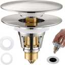 3-in-1 Universal Bathroom Sink Stopper - Brushed Nickel Pop Up Sink Drain Stopper, Brass Bounce Bullet Core Sink Stopper Replacement, Wash Basin Drain Filter Plug with Anti-Clogging Strainer