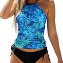 Women's Funny Graphic Drawstring Halter Two Piece Tankini Set Summer Swimwear Beach Vacation Swimsuits (Blue, L)