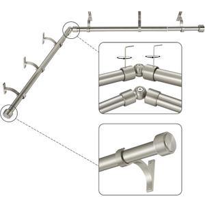Brushed Nickel Corner Window Curtain Rods with Aluminum End Cap Finials and Brackets,1 Inch Diameter Bay Window Curtain Rods,2 Sided 36-72 Inch Adjustable Drapery Rod