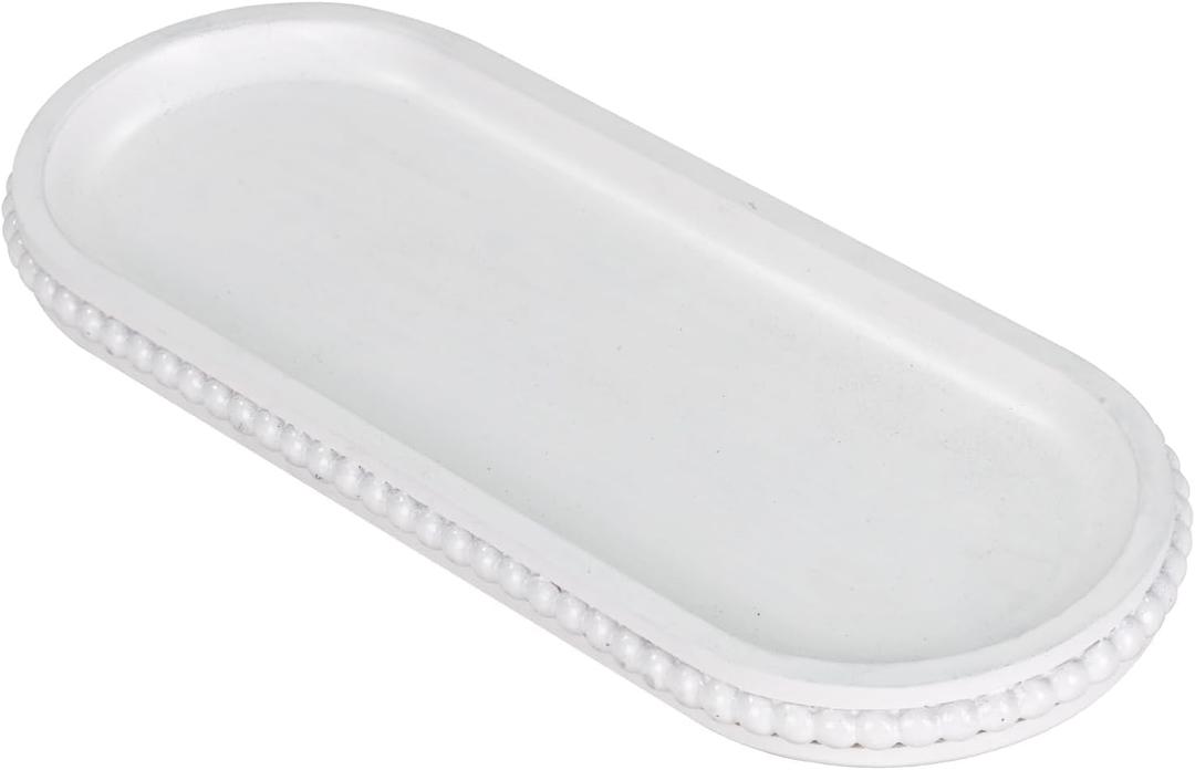 MAONAME Oval Long Narrow Wood Tray, Rustic Decorative Tray with Beaded, White Farmhouse Vanity Trays, Toilet Tank Trays for Dresser, 12" x 4.7"