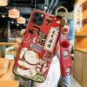 Compatible with iPhone 15 Pro Max Case, 6.7 inch Cute Japanese Lucky Cat Design, Glitter Luxury Soft 3D Phone Case with Wrist Strap, Compatible with iPhone 15 Pro Max (Red)
