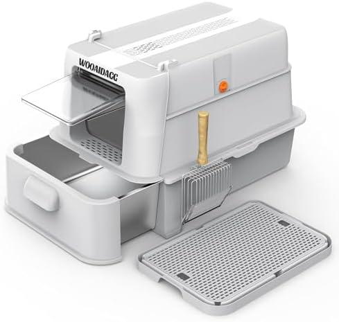Wooaidagg Covered Stainless Steel Cat Litter Box with Odor Control, Modular Design with Drawer, Easy to Clean with Scoop,XL Size Fits All Cats (Light Grey)