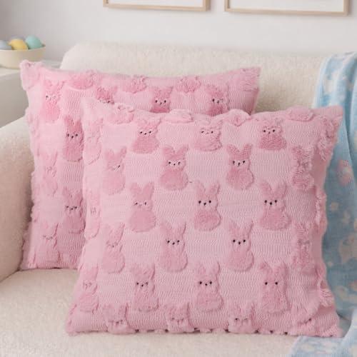 Yuubin Easter Bunny Pillow Covers 18x18 Set of 2,Rabbit Soft Plush Faux Fur Pink Spring Throw Pillow Cases for Home Decorations Sofa Bedroom Living Room Couch Bed Decor