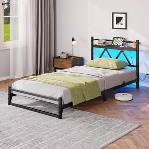 Black Twin Bed Frame with LED Lights and Charging Station–12cm Low Profile,Modern Twin Metal Bed Frame with Storage Headboard,Sturdy Steel Slat Support,No Box Spring Needed, Noise Free,Easy Assembly