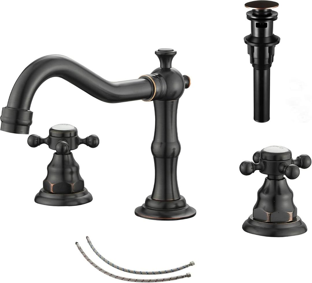 GGStudy 2 Handles 3 Holes Faucet Widespread Bathroom Sink Faucet Oil Rubbed Bronze Basin Tap Mixer Supply Hose Included Matching Pop Up Drain
