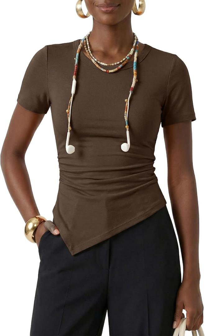 ZESICA Asymmetrical Ruched Tops for Women 2026 Summer Casual Short Sleeve Slim Fit Y2K Going Out Shirts (S)