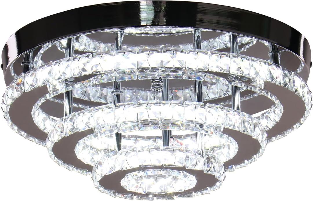Modern Crystal Chandelier, 13.7" Round 3-Tier Rings, Integrated LED 42W, 6000K Cool White, Non-Dimmable Flush Mount Ceiling Light for Bedroom/Living Room/Hallway Modern Crystal Chandelier, 13.7" Round 3-Tier Rings, Integrated LED 42W, 6000K Cool White, Non-Dimmable Flush Mount Ceiling Light for Bedroom/Living Room/Hallway