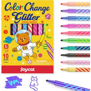 10 Pack Magic Glitter Color Changing Markers, Jumbo Dual Tip Markers with Color-Coded Barrels , Double Ended Chisel Tip Marker Set, Non-Toxic Kids Art Supplies for Drawing & Coloring, Stationery Sets
