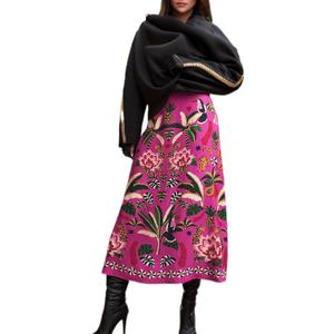 A Line Midi Skirts for Women Floral Satin Boho Wrap Pink High Waist Zipper Spring Summer Skirt (Rose), Size: X-Large