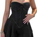 Women's Summer Strapless Denim Mini Dress with A-Line Design and Plated Bustier Corset (Black, XS)