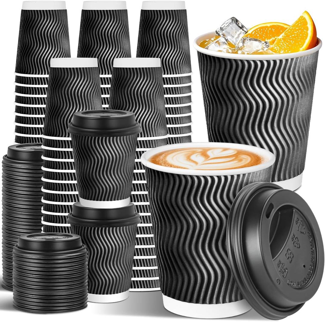 100 Pack 8 oz Disposable Coffee Cups with Lids, To Go Insulated Thick Coffee Cups for Hot/Cold Beverage, Corrugated Ripple Wall Cups for Espresso Coffee, Hot Chocolate and Cocoa - Black