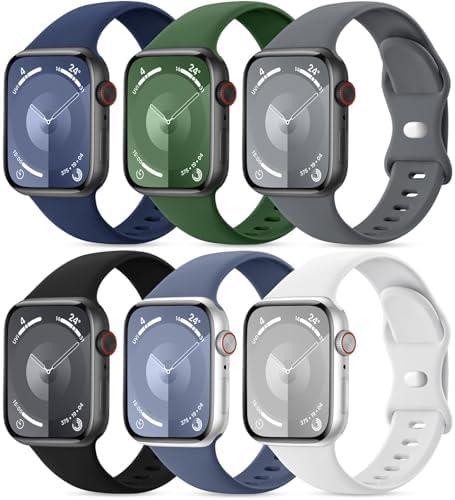 6 Sport Bands Compatible with Apple Watch Bands for Women 40mm 41mm 44mm 45mm 46mm 42mm 38mm 49mm Men, Soft Silicone Waterproof iWatch Strap for Apple Watch Series 10 9 8 Ultra SE 7 6 5 4 3 2 1, 5 Pack