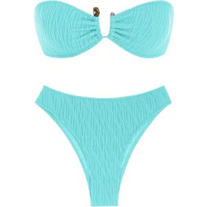 ZAFUL Women's Strapless Ribbed V Wired Lace Up Ruffle Tie High Cut Bandeau Swimsuits Bikini Set (Small, Blue)