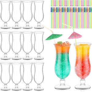 Baderke 12 Pcs Plastic Hurricane Glasses 13.5oz Break Resistant Reusable Plastic Pina Colada Cocktail Glasses Wine Margarita Tropical Beer Juice Beach Party with 30 Pcs Cocktail Straws
