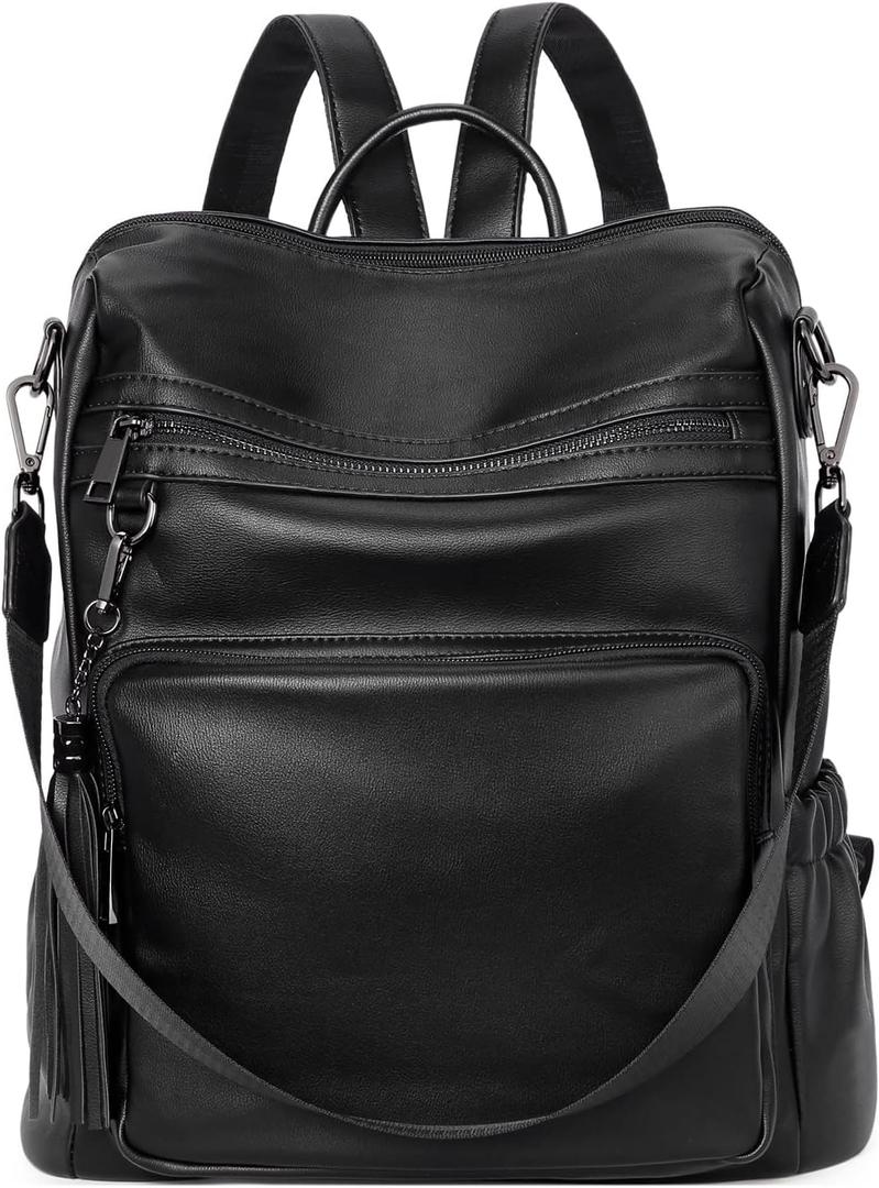 Backpack Purse for Women Leather Ladies Fashion Designer Travel Convertible Shoulder Bag with Tassels (Black)