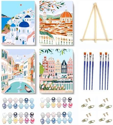 VIGEGU 4 Pack Paint by Numbers Kit for Adults Beginner with Frame, Wooden Easel DIY Cityscape Scenery Adult Paint by Number Kits for Home Decor 7.8x11.8inch
