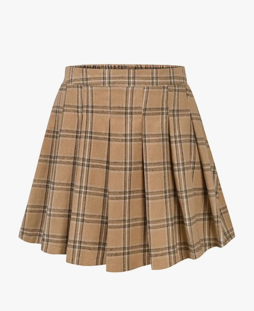 RITERA Plus Size Basic Versatile Stretchy Elastic Waist Flared Casual Mini Skater Skirt/Pleated Plaid Skirt for Women, Khaki, 30