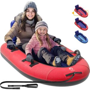 QPAU Snow Sled with Premium Canvas Cover, 2 Person Inflatable Heavy Duty Snow Tube with Reinforced Handles, Snow Sleds for Kids and Adults, Winter Toboggan Outdoor Toys Gifts for Family (Red)