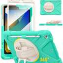 BRAECN for iPad 9th/8th/7th Generation Case, Heavy Duty Shockproof Case with Screen Protector, Pencil Holder, Pencil Cap Holder, Hand Strap, Kickstand, Shoulder Strap for iPad 10.2 Inch 2021/2020/2019 (Mint Green)