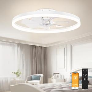 VOLISUN Low Profile Ceiling Fans with Light and Remote,23.6in Modern Bladeless Ceiling Fan with Lights,3000K-6500K Dimmable Flush Mount LED Fan Light,White Fandelier Ceiling Fans for Bedroom