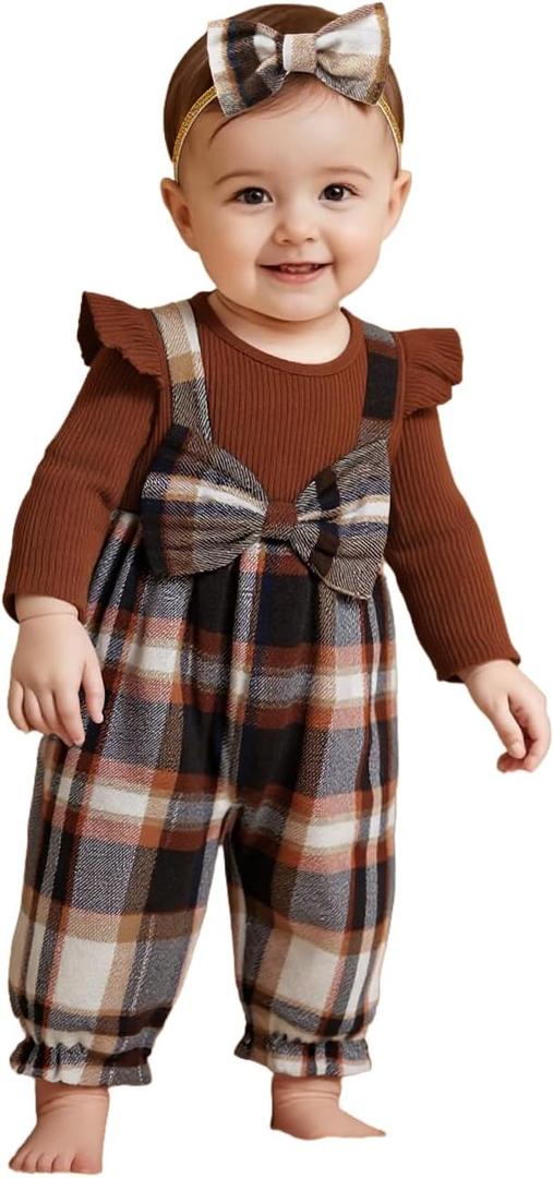 Newborn Baby Girl Plaid Outfits Long Sleeve Ruffle Jumpsuit One Piece Romper Infant Fall Winter Clothes (3-6 Months, Brown)